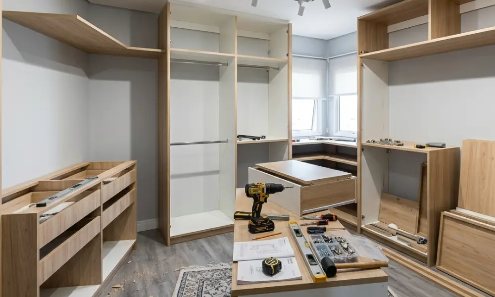 Profissional montador trabalhando com ferramentas em closet planejado